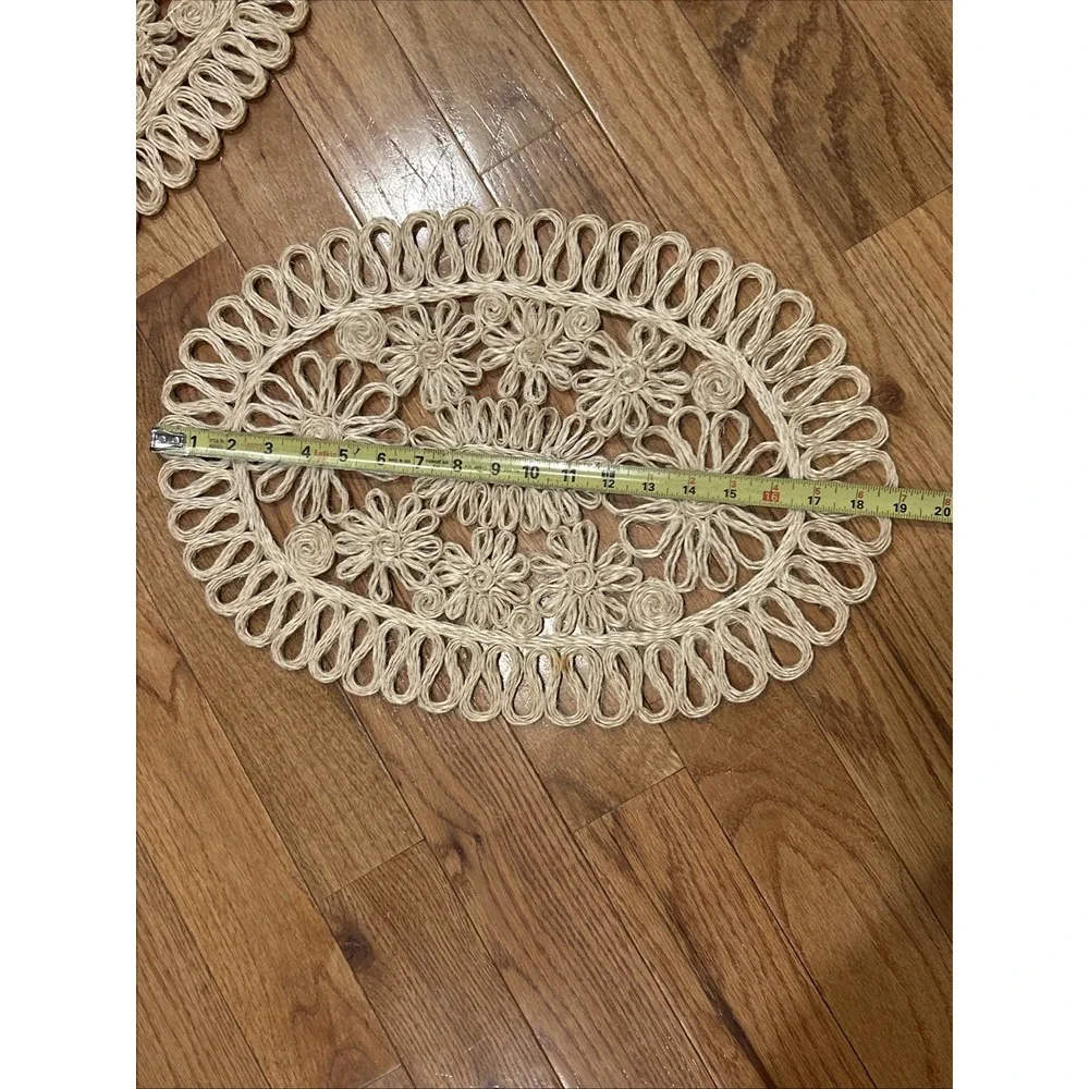 Set Of 7 Vintage Abaca Hemp Centerpiece Placemats Woven Floral Scrolled MCM Boho